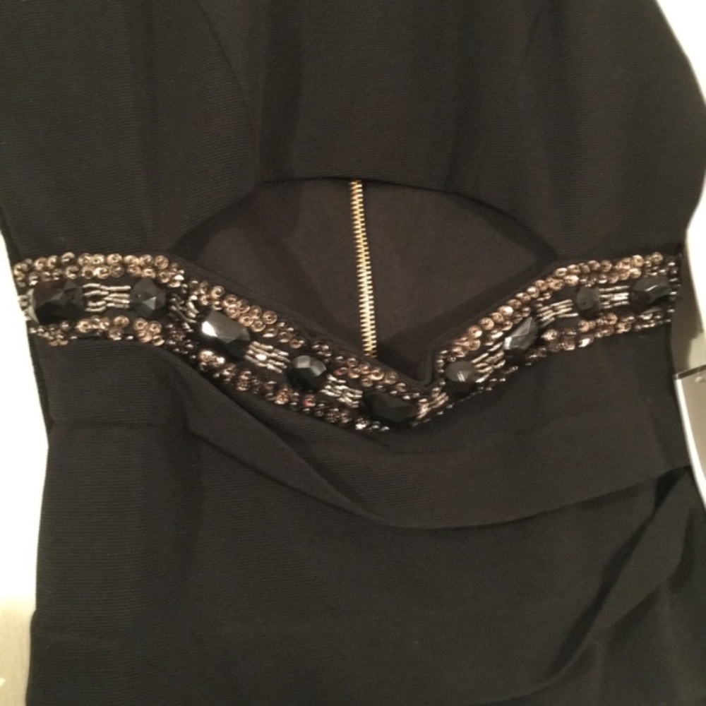 Black Jeweled Short Bandage Dress w/ Front Cutout - Picture 6 of 8